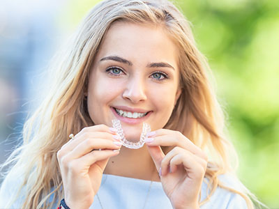 A woman posing with a smile, holding a toothbrush against her teeth.